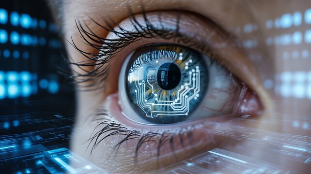 Close-up cybernetic human eye with digital circuit reflections, symbolizing futuristic vision, biometrics, and advanced technology interfaces
