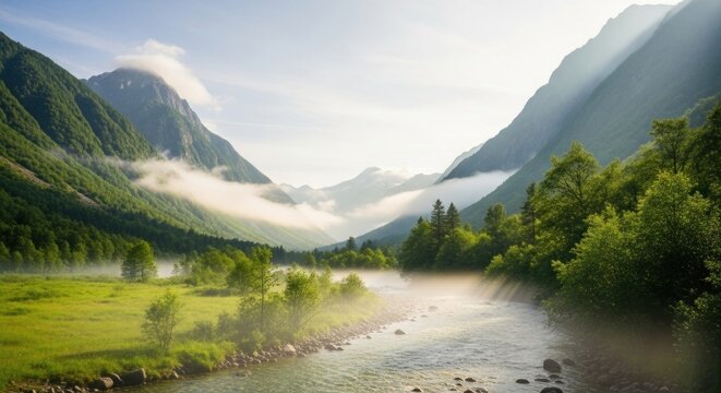 A serene mountain landscape with a river flowing through a lush green valley, with a misty morning atmosphere.