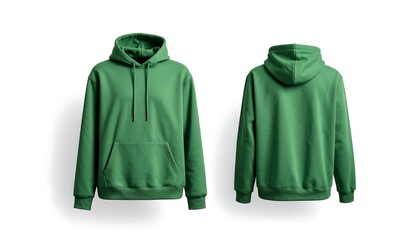 Blank green hoodie mockup, front and back view for a modern apparel catalog and fashion collection design. Isolated on a white background