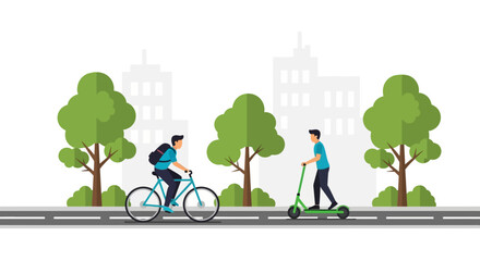 Men riding a bicycle and an electric scooter on a city road