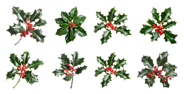 PNG Festive holly leaves and berries, element set on transparent background