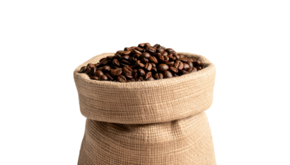 Bag overflowing with roasted coffee beans, dark background