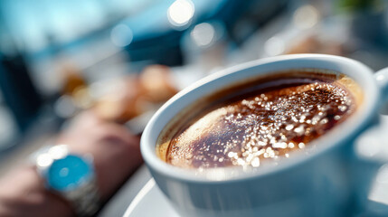 Close-up view of a person enjoying a freshly brewed cup of hot coffee