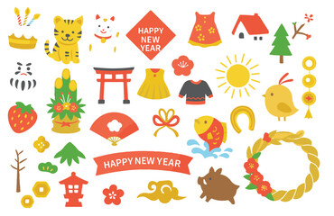 Traditional Japanese New Year and Spring Elements Vector Set: Shogatsu Holiday Celebration Icons Collection