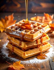 Golden Waffles Stacked High with Drizzling Syrup and Autumn Leaves.