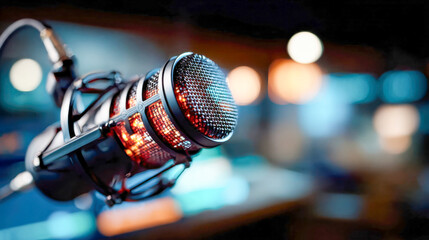 Professional podcast microphone glowing under studio lights in a modern recording setup