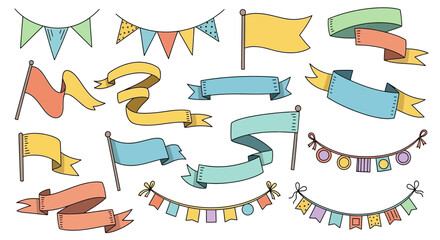 Festive hand-drawn banners and flags in various colors for celebrations or events