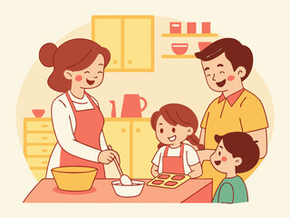 Family Cooking in Kitchen — Warm Lifestyle Vector Illustration