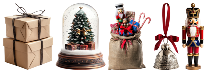 PNG Festive Christmas decorations display, element set on transparent background