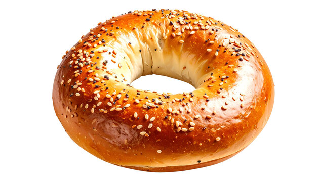 Glossy bagel topped with sesame and poppy seeds, isolated