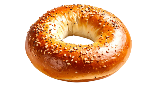 Glossy bagel topped with sesame and poppy seeds, isolated