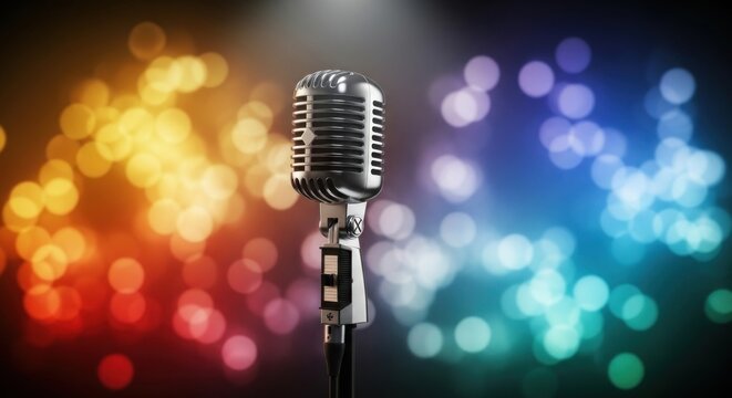 A vintage microphone with a rainbow-colored background.