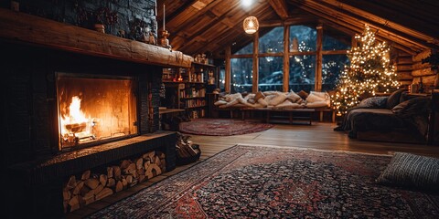 Naklejka premium Cozy wooden cabin living room with roaring stone fireplace and bokeh-lit Christmas tree in warm glow. Rustic holiday hearth comfort, inviting festive winter sanctuary vibe.