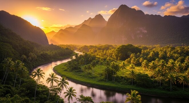 A serene tropical landscape with a river winding through lush greenery and majestic mountains in the background, illuminated by a golden sunset. - Powered by Adobe