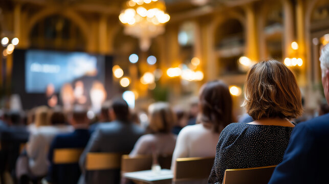 Faceless audience attending award ceremony defocused grand hall background ornate architecture visible stage lighting prestigious event recognition celebration formal