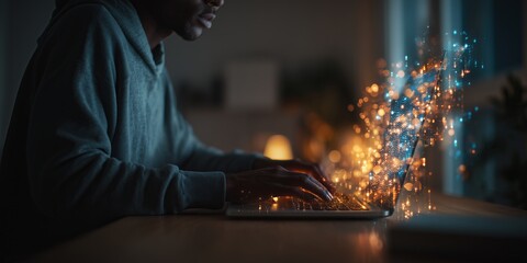 Bearded man in glasses types on laptop with flowing holographic AI code data streams. Intense futuristic coding, innovative AI collaboration tech vibe.