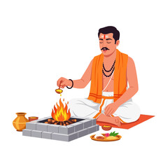 Hindu Priest Performing Traditional Havan Ritual with Sacred Fire and Offerings