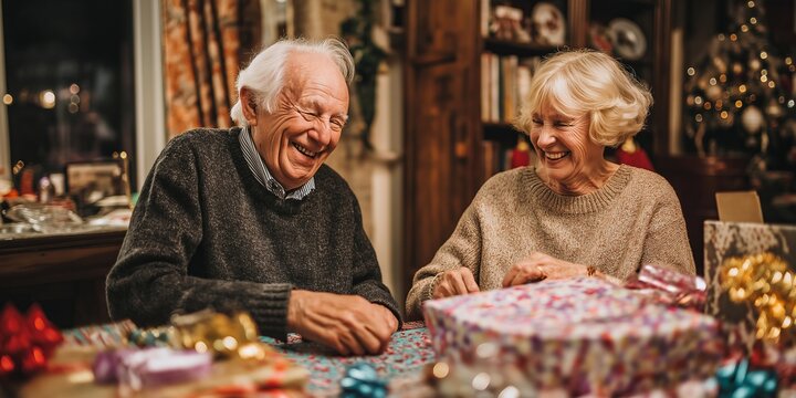 Elderly couple laugh together while wrapping Christmas gifts at a festive table. Pure joy and warmth in a cozy holiday evening.