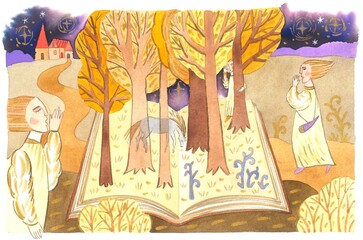 Illustration in watercolor/ angel, horse and echo