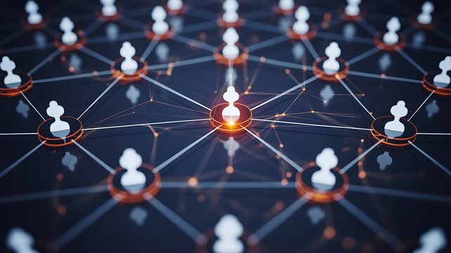 Network of connected user icons representing digital communication, social connections, and data-sharing across a futuristic grid
