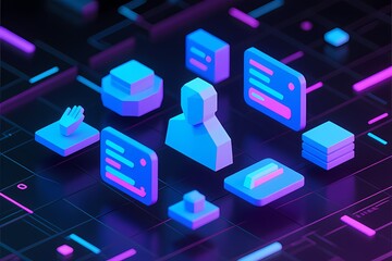 Low Poly Isometric UI Elements Neon Technology Background.