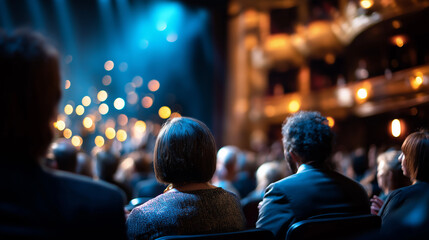 Faceless audience attending award ceremony defocused grand hall background ornate architecture visible stage lighting prestigious event recognition celebration formal