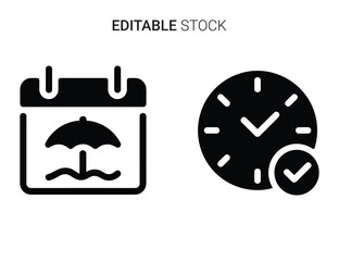 Vacation planning, time management calendar with clock and checkmark icon set vector