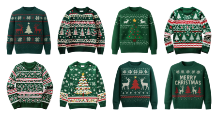 PNG Festive green Christmas sweaters collection, element set on transparent background