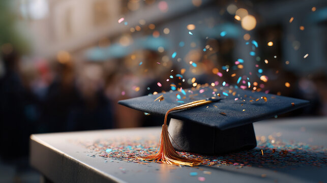 Graduation cap with vibrant confetti faceless academic achievement defocused empty background success concept joyful commencement ceremony educational milestone celebration