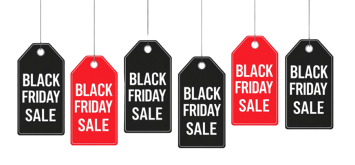 Bright sale tags promoting Black Friday are displayed on strings, showcasing various colors and bold text