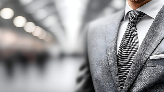 Close up of a man s formal suit and patterned tie in a blurred urban background silhouette