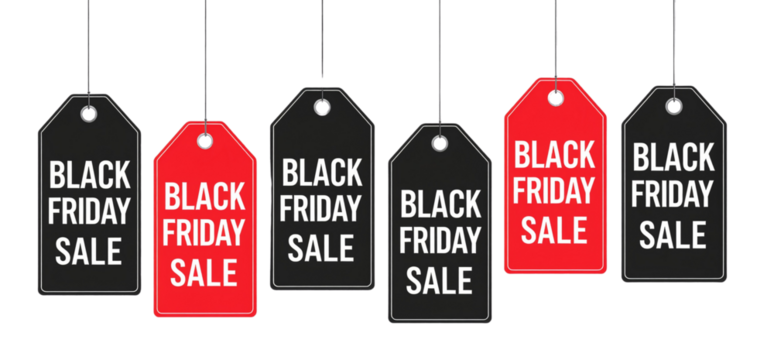 Bright sale tags promoting Black Friday are displayed on strings, showcasing various colors and bold text
