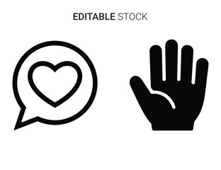 Social media interaction and communication symbols: heart speech bubble and stop hand gesture.