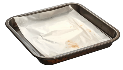 Baking pan with parchment paper. Scattered crumbs remain