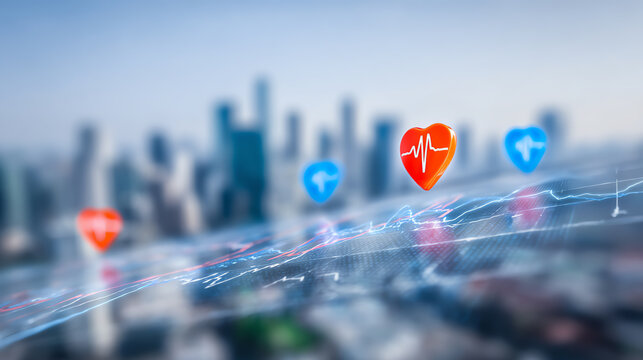 Digital health icons over a city skyline symbolize innovation in healthcare and technology, representing a future-driven lifestyle.