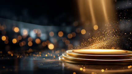 Golden stage with spotlight and glitter faceless prestigious event defocused dramatic lighting background award ceremony setting luxurious celebration glamorous venue