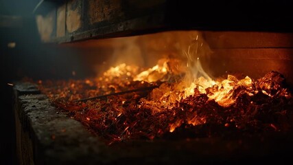 Medium shot of woodburning smoking facility with glowing embers creating rich smoky aroma enhancing meat flavor in a traditional curing environment.