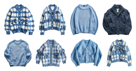 PNG Stylish blue knitted sweaters collection, element set on transparent background