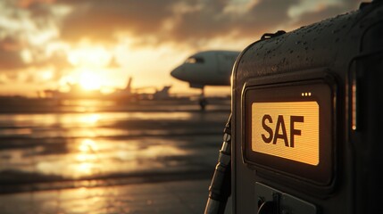 Airport fuel station labeled hybrid SAF connecting to aircraft under bright sunlight.