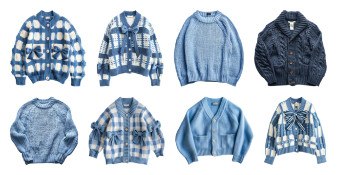 PNG Stylish blue knitted sweaters collection, element set on transparent background