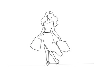 Continuous line art drawing of trendy woman carrying shopping bags. Editable stroke.