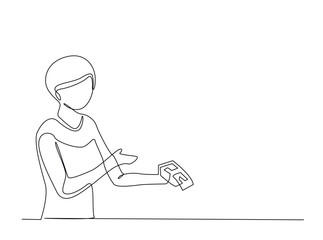 Continuous line art drawing of cashier holding EDC electronic payment device post terminal. Editable stroke.