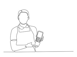 Continuous line art drawing of cashier holding EDC electronic payment device post terminal. Editable stroke.