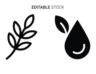 Nature-themed vector icons: outline plant branch and solid water drop with leaf symbol.