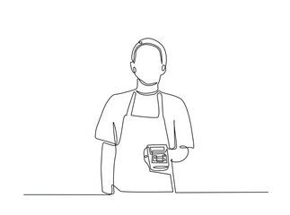 Continuous line art drawing of cashier holding EDC electronic payment device post terminal. Editable stroke.
