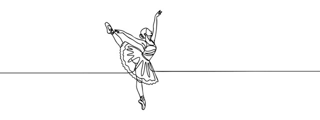 A graceful ballerina is captured in a dynamic pose with a continuous line drawing style — stock vector.