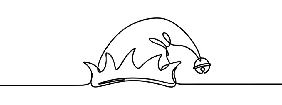 A continuous line drawing depicts an elf hat with a bell &mdash; stock vector.