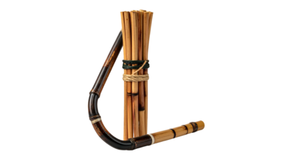 Bundle of wooden pipes with curved, varnished connector