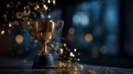 Victory concept with winner golden trophy cup faceless achievement symbol defocused shiny stars background success visualization championship moment winning celebration with