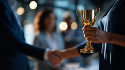Faceless trophy presentation with business people defocused award ceremony background success handshake thank you prize winner promotion achievement employees at conference